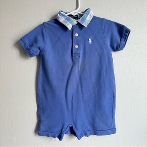 Ralph Lauren Navy Baby Romper with Plaid Collar Size 6-12M